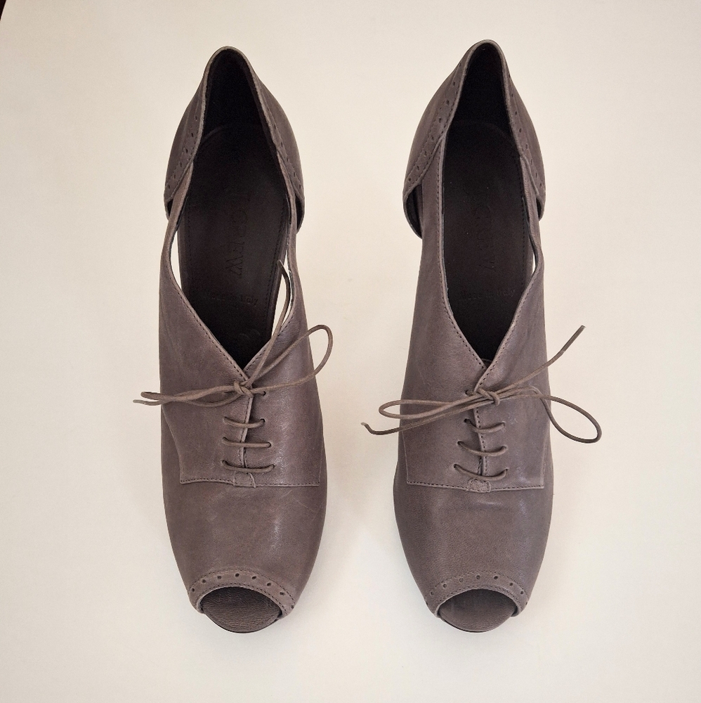 J CREW "Keaton" Peep Toe Grey Leather Lace Up Heels - Made in Italy - Size 8.5